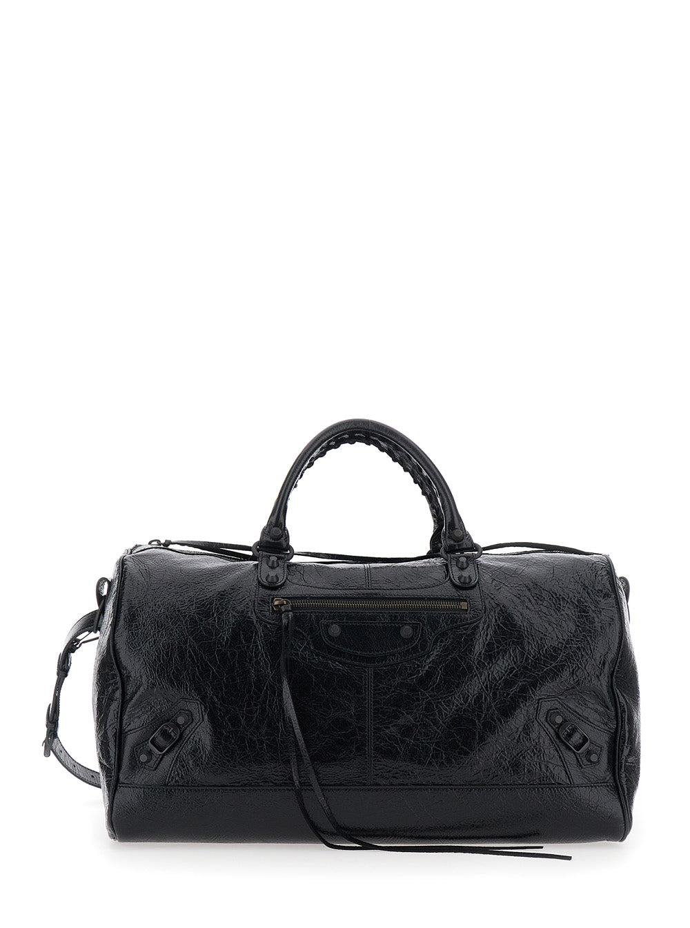 Balenciaga Men 'Le City Boston' Black Duffel Bag With Adjustable And Removable Shoulder Strap And Front Zip Pocket In Leather For Men