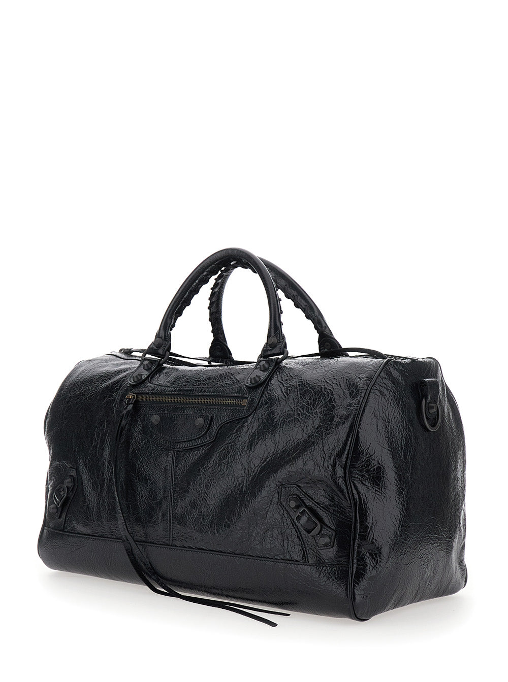 Balenciaga Men 'Le City Boston' Black Duffel Bag With Adjustable And Removable Shoulder Strap And Front Zip Pocket In Leather For Men