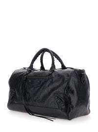 Balenciaga Men 'Le City Boston' Black Duffel Bag With Adjustable And Removable Shoulder Strap And Front Zip Pocket In Leather For Men