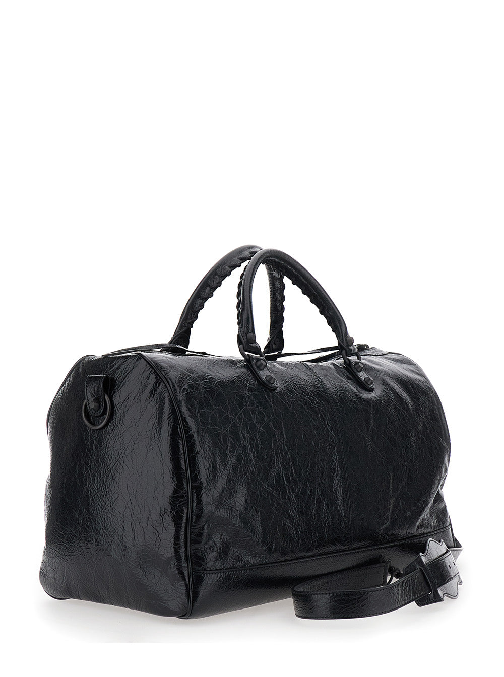 Balenciaga Men 'Le City Boston' Black Duffel Bag With Adjustable And Removable Shoulder Strap And Front Zip Pocket In Leather For Men
