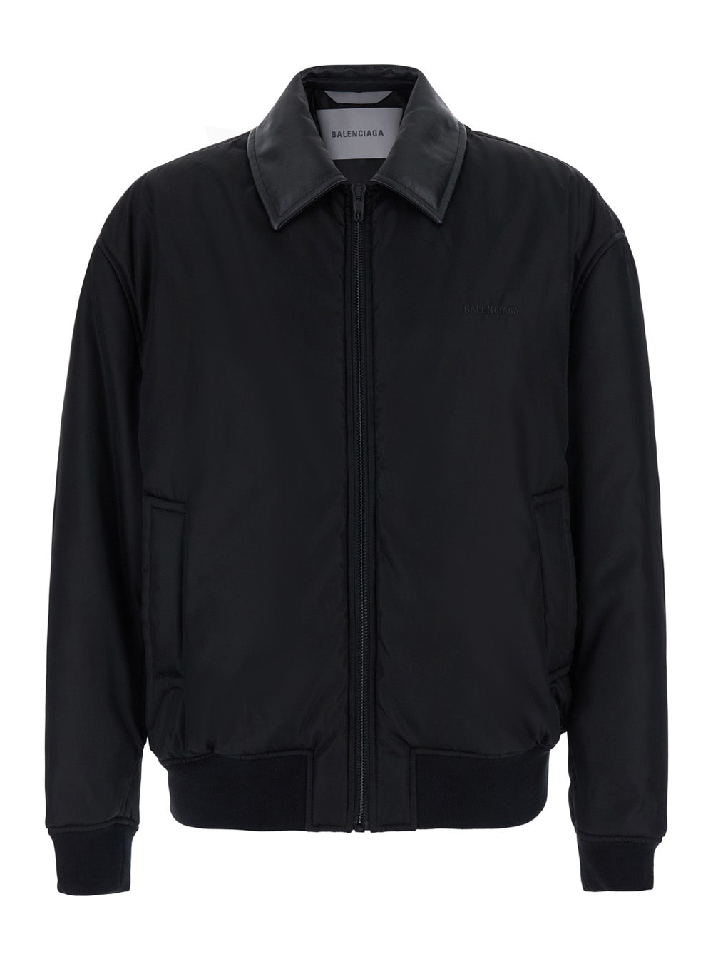 Balenciaga Men Black Bomber Jacket With Shirt Collar And Logo On The Front In Tech Fabric For Men