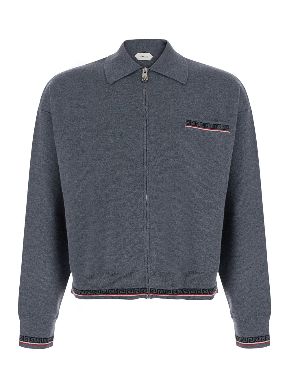 Versace Men Grey Sweater With Classic Collar And Greca Detail On The Front In Wool For Men