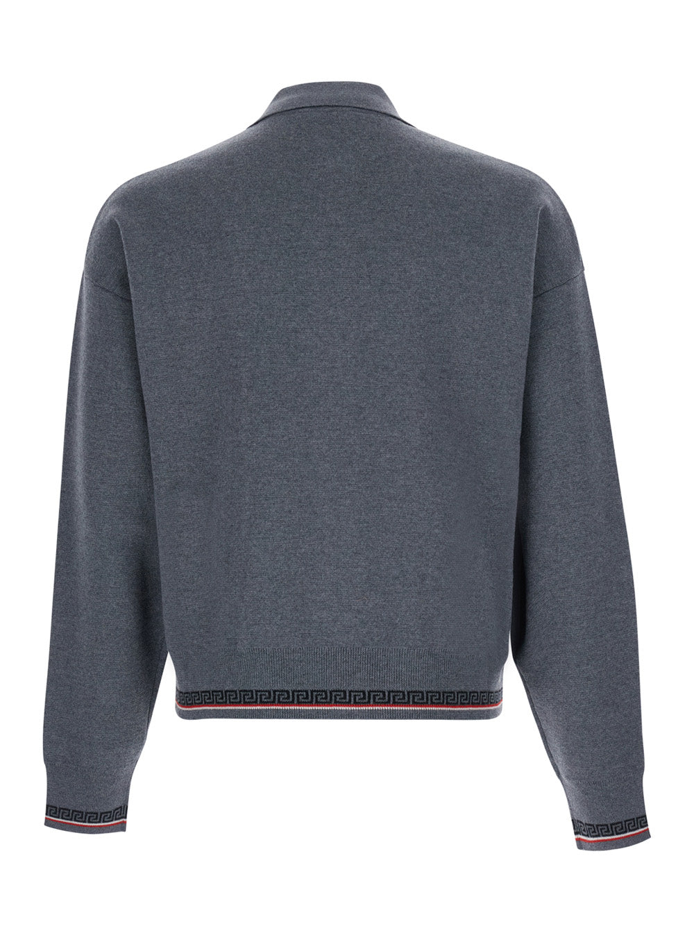 Versace Men Grey Sweater With Classic Collar And Greca Detail On The Front In Wool For Men