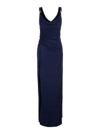 Versace Women Blue Long Dress With V-Neck And Applied Medusa Buttons In Viscose For Women