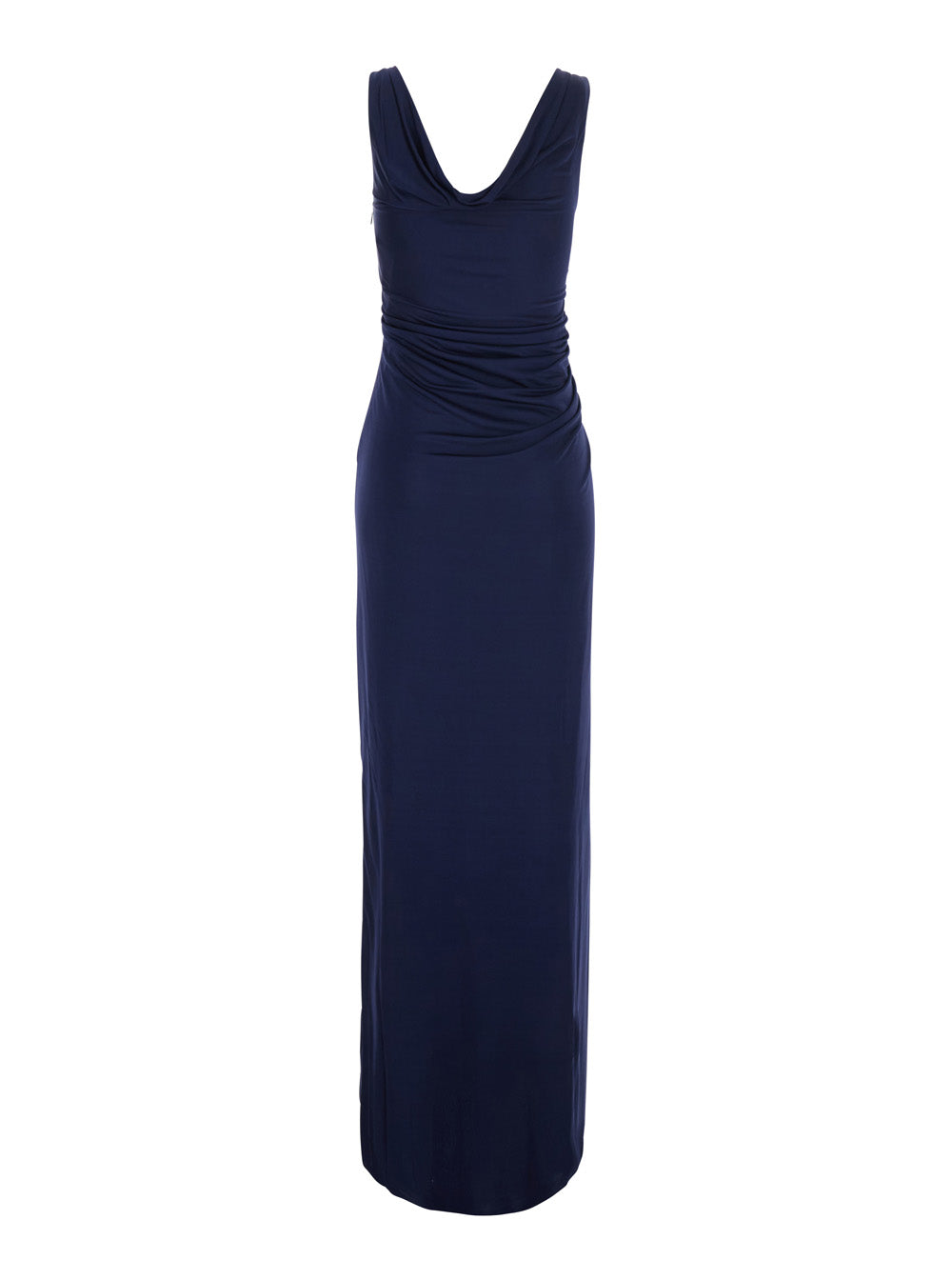 Versace Women Blue Long Dress With V-Neck And Applied Medusa Buttons In Viscose For Women