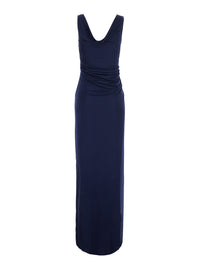 Versace Women Blue Long Dress With V-Neck And Applied Medusa Buttons In Viscose For Women