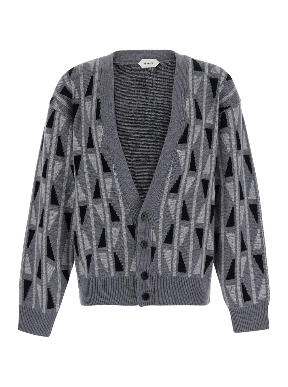 Versace Men Grey Cardigan With Medusa Print On The Back In Wool And Cashmere Blend Men