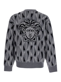 Versace Men Grey Cardigan With Medusa Print On The Back In Wool And Cashmere Blend Men