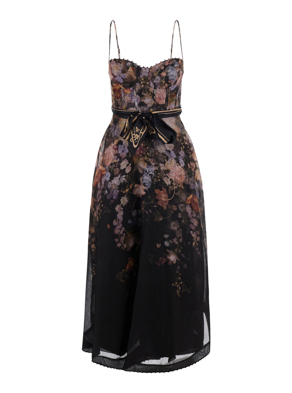 Zimmermann Women 'Valiant' Black Dress With Spaghetti Straps And All-Over Floral Print In Linen And Silk Blend For Women