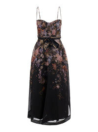 Zimmermann Women 'Valiant' Black Dress With Spaghetti Straps And All-Over Floral Print In Linen And Silk Blend For Women