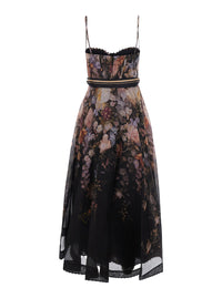 Zimmermann Women 'Valiant' Black Dress With Spaghetti Straps And All-Over Floral Print In Linen And Silk Blend For Women
