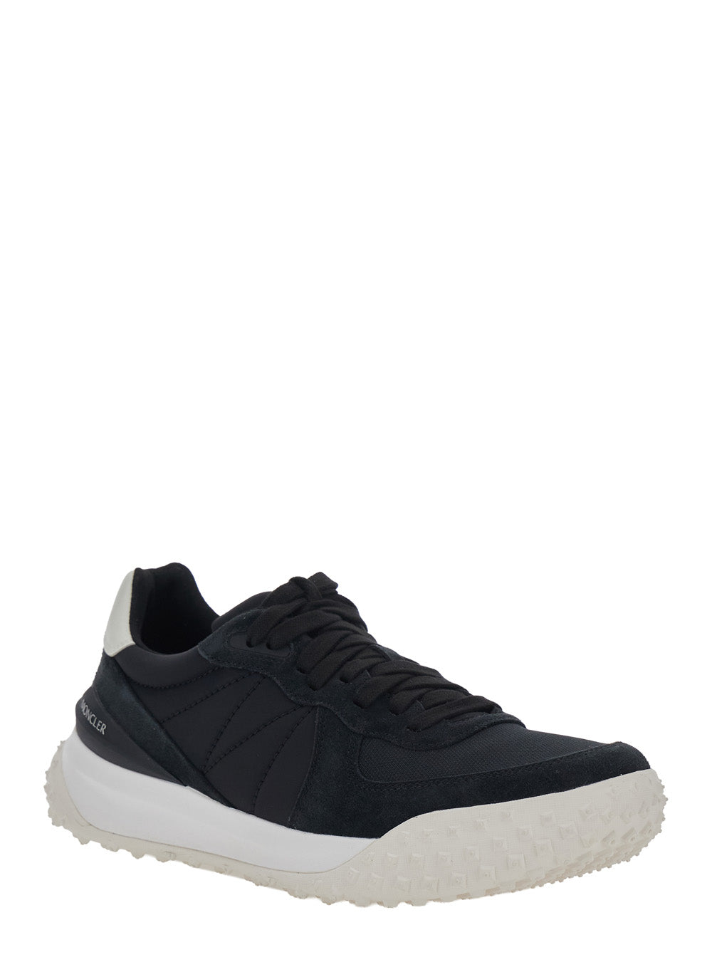 Moncler Men Black Low Top Sneakers With Logo Patch On The Back And Paneled Design In Leather And Fabric Men