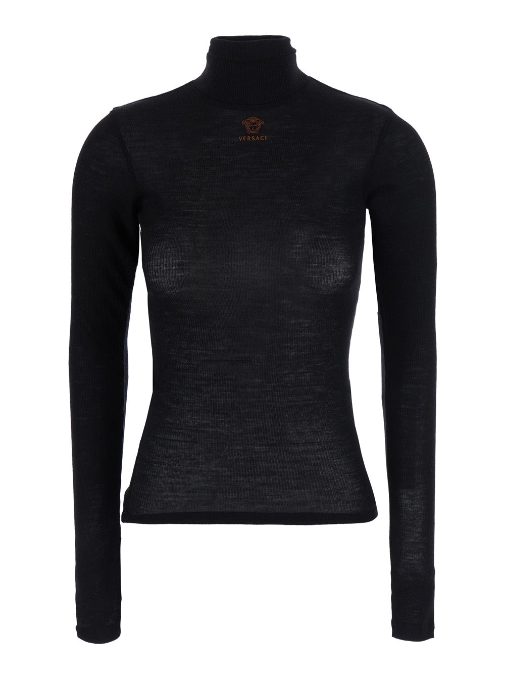 Versace Women Black High-Neck Top With Embroidered Medusa Logo On The Front In Wool For Women
