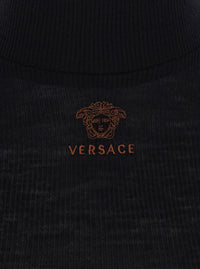 Versace Women Black High-Neck Top With Embroidered Medusa Logo On The Front In Wool For Women