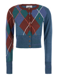 Vivienne Westwood Women Blue Crop Cardigan With Argyle Motif And Embroidered Logo On The Front In Wool Women