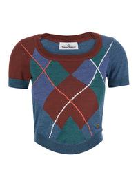 Vivienne Westwood Women Blue Crop Top With Argyle Motif And Embroidered Logo On The Front In Wool Women