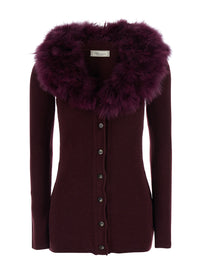 BLUMARINE Blumarine Women Bordeaux Cardigan With V Neck And Removable Fur Collar In Wool For Women