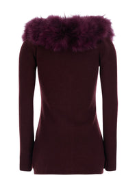 BLUMARINE Blumarine Women Bordeaux Cardigan With V Neck And Removable Fur Collar In Wool For Women