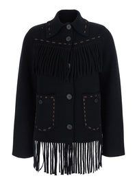 Guest In Residence Women Black Cardigan With Fringed Hem And Contrasting Stitching In Wool And Cashmere For Women