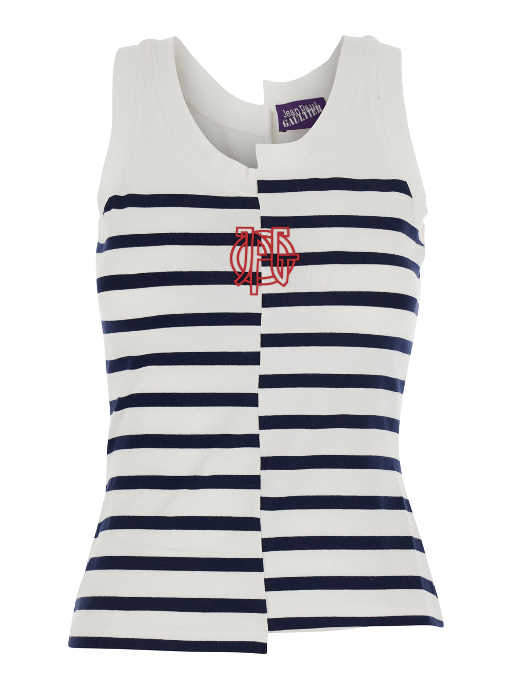 JEAN PAUL GAULTIER Jean Paul Gaultier Women Black And White Sleeveless Top With Asymmetrical Design And All-Over Striped Motif And Front Logo On The Front In Cotton Blend For Women