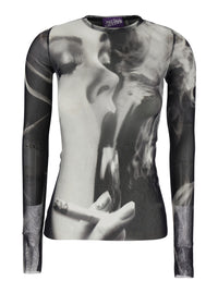 JEAN PAUL GAULTIER Jean Paul Gaultier Women Black And White Long-Sleeved Top With Smoking Women Print In Tech Fabric For Women