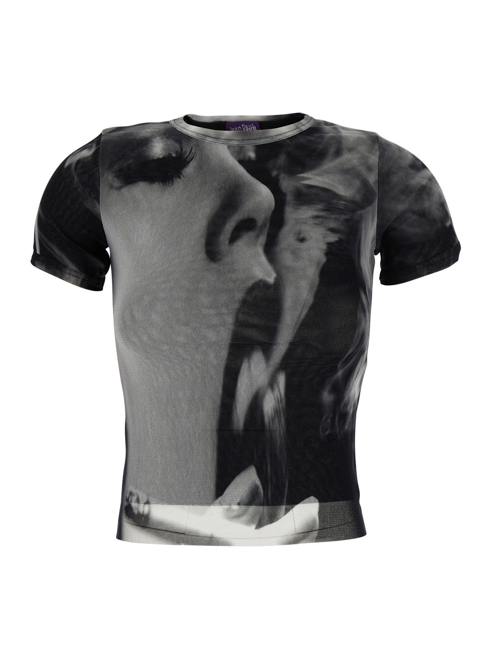 Jean Paul Gaultier Women Black Top With Short Sleeves And Smoking Women Print In Tech Fabric For Women