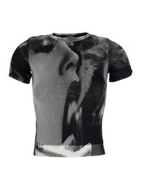 Jean Paul Gaultier Women Black Top With Short Sleeves And Smoking Women Print In Tech Fabric For Women