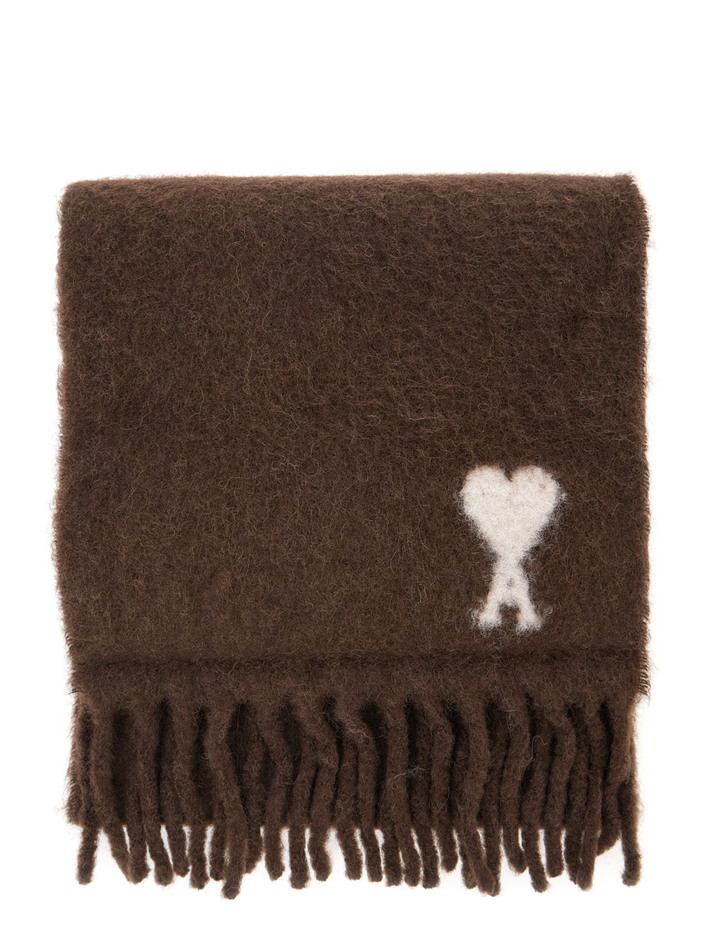 Ami Paris Men Brown Fringed Scarf With Adc Embroidery On The Front In Alpaca For Men