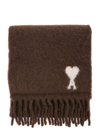 Ami Paris Men Brown Fringed Scarf With Adc Embroidery On The Front In Alpaca For Men