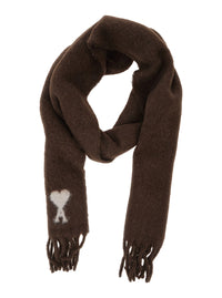 Ami Paris Men Brown Fringed Scarf With Adc Embroidery On The Front In Alpaca For Men