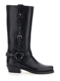 Fendi Women Black Boots With Rounded Toe And Side Buckle Straps In Leather For Women