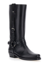 Fendi Women Black Boots With Rounded Toe And Side Buckle Straps In Leather For Women