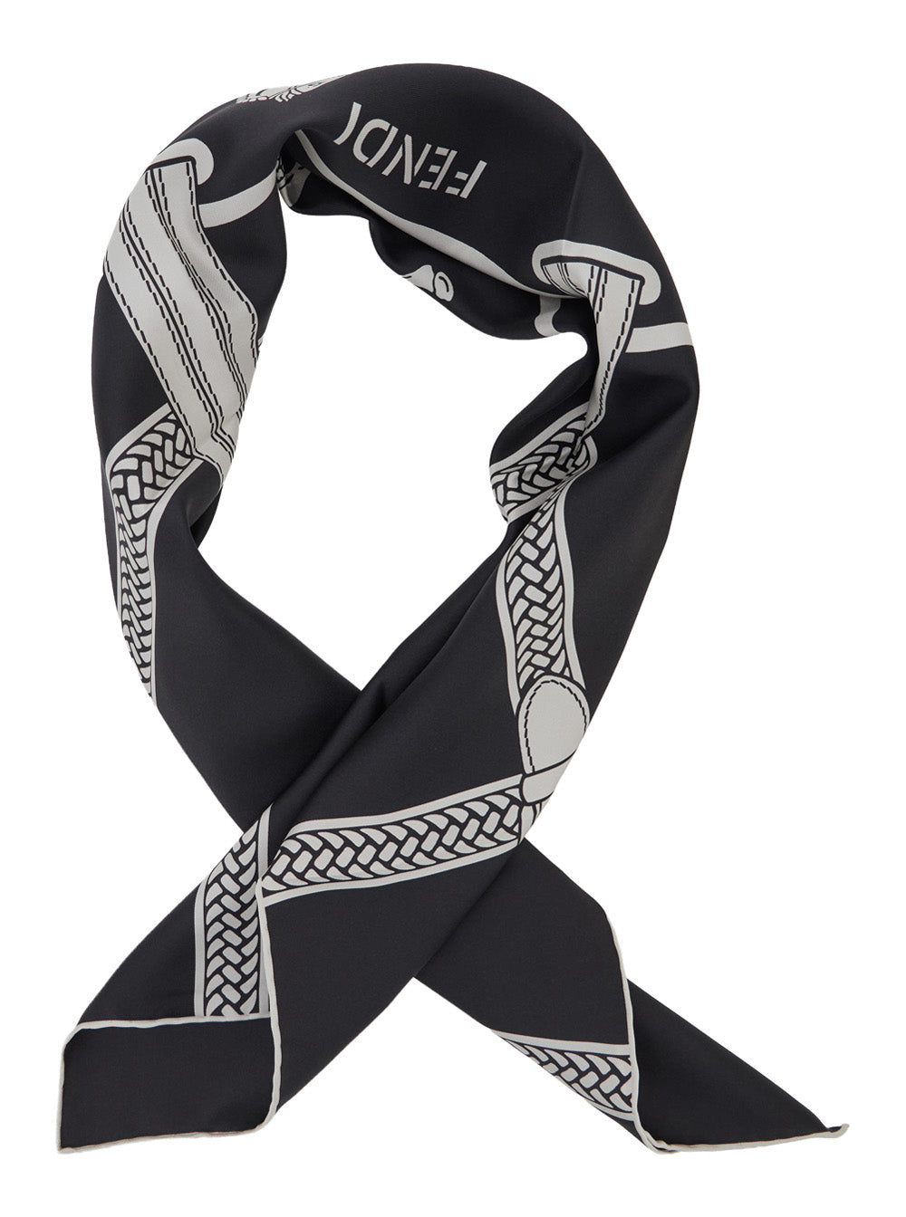 Fendi Women Black Scarf With All-Over Print And Embossed Logo Lettering In Silk For Women