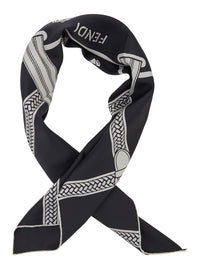 Fendi Women Black Scarf With All-Over Print And Embossed Logo Lettering In Silk For Women