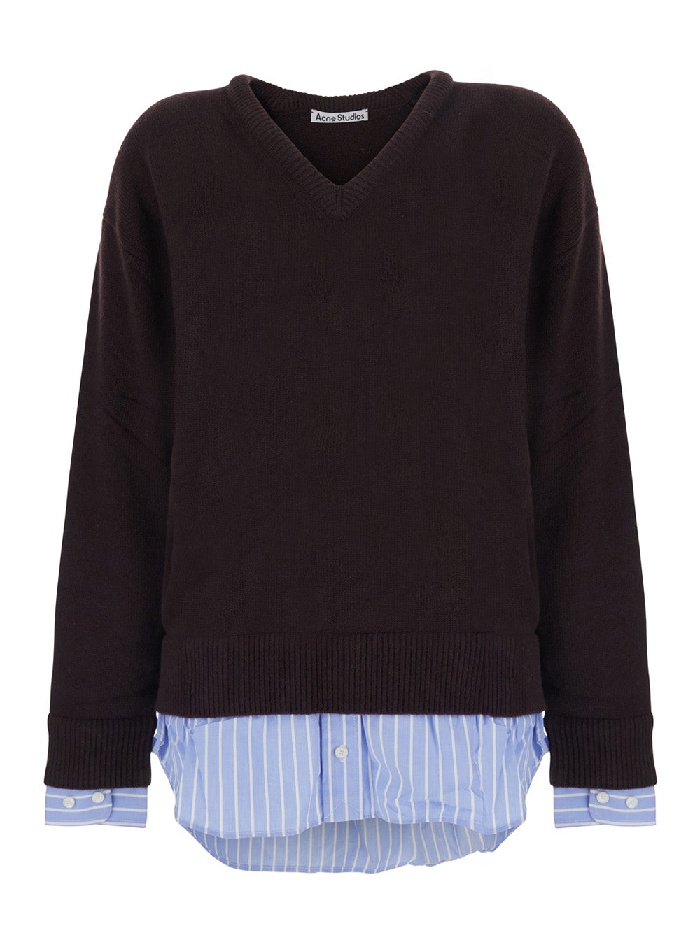 ACNE STUDIOS Acne Studios Women Brown V-Neck Sweater With Striped Cotton Cuffs And Hem In Wool Blend For Women