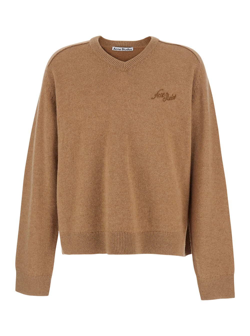 ACNE STUDIOS Acne Studios Men Beige V-Neck Sweater With Front Logo Lettering In Wool Blend For Men