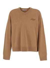 ACNE STUDIOS Acne Studios Men Beige V-Neck Sweater With Front Logo Lettering In Wool Blend For Men