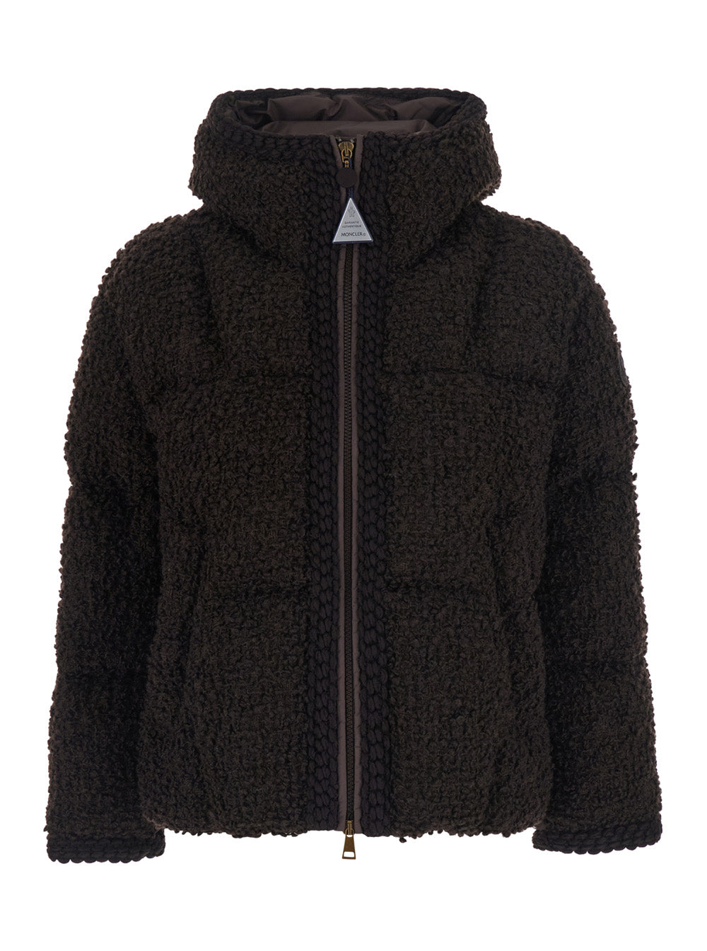 Moncler Women 'Cristalline' Brown Down Jacket With Hood And Logo Patch On Sleeve In Wool And Tech Fabric For Women
