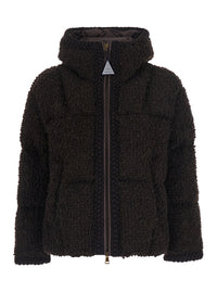 Moncler Women 'Cristalline' Brown Down Jacket With Hood And Logo Patch On Sleeve In Wool And Tech Fabric For Women