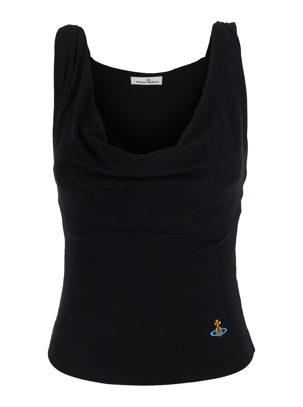 VIVIENNE WESTWOOD Vivienne Westwood Women 'Anna' Black Sleeveless Top With Draped Neckline And Orb Embroidery On The Front In Stretch Viscose For Women