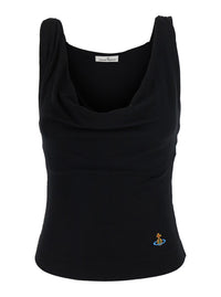 VIVIENNE WESTWOOD Vivienne Westwood Women 'Anna' Black Sleeveless Top With Draped Neckline And Orb Embroidery On The Front In Stretch Viscose For Women