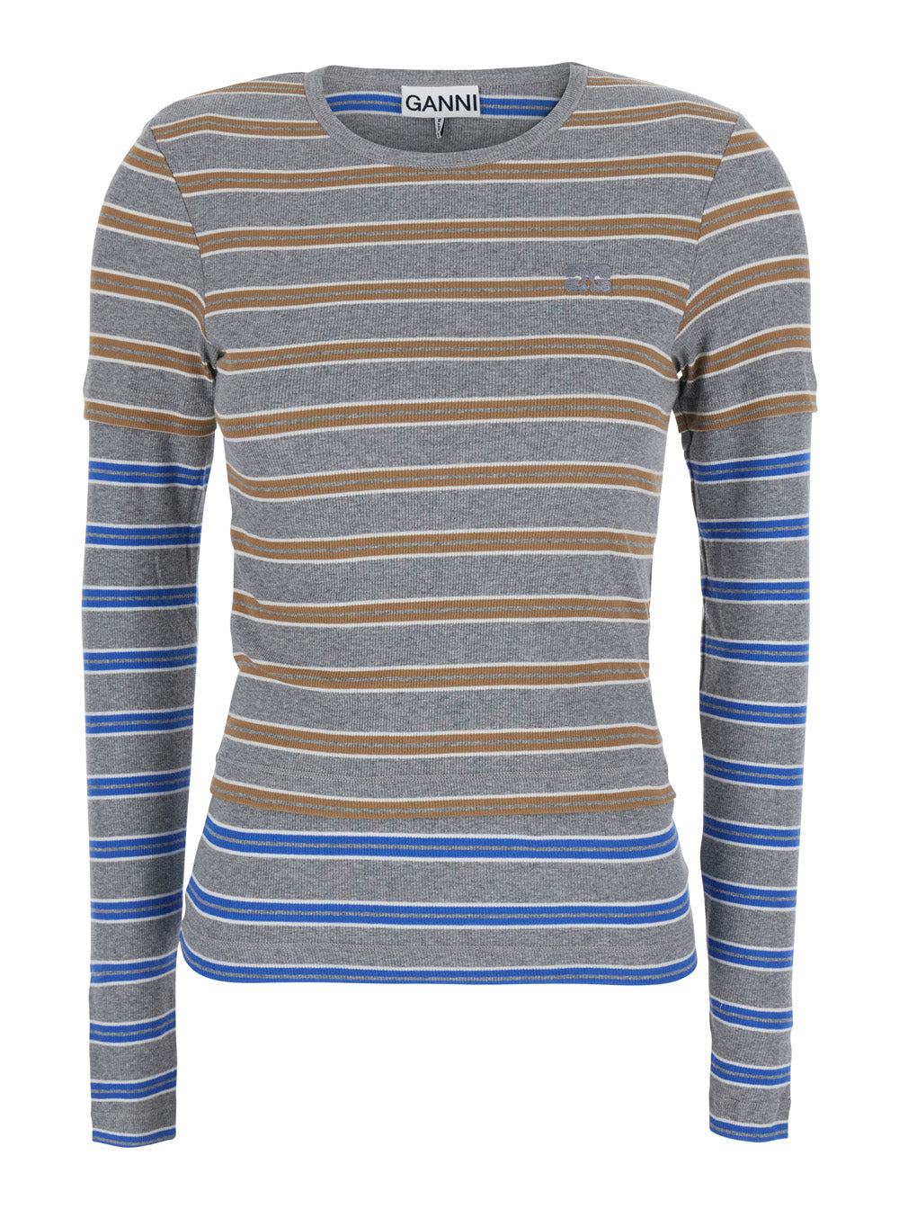 Ganni Women Multicolor Long-Sleeved Crew-Neck T-Shirt With All-Over Motif In Stretch Cotton For Women