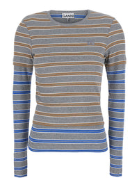 Ganni Women Multicolor Long-Sleeved Crew-Neck T-Shirt With All-Over Motif In Stretch Cotton For Women