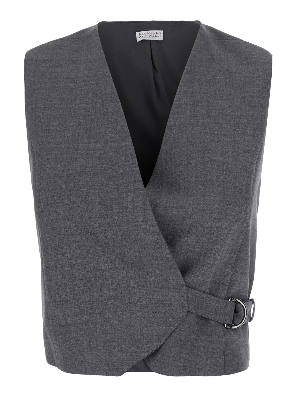 Brunello Cucinelli Women Grey Sleeveless Top With V-Neck And Side Buckle Closure In Wool Blend For Women