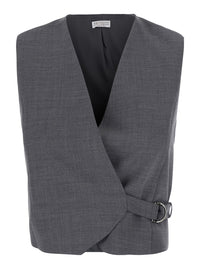 Brunello Cucinelli Women Grey Sleeveless Top With V-Neck And Side Buckle Closure In Wool Blend For Women