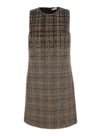 Brunello Cucinelli Women Brown Sleeveless Dress With Round Neckline And All-Over Check Motif In Wool Blend For Women