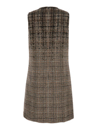 Brunello Cucinelli Women Brown Sleeveless Dress With Round Neckline And All-Over Check Motif In Wool Blend For Women