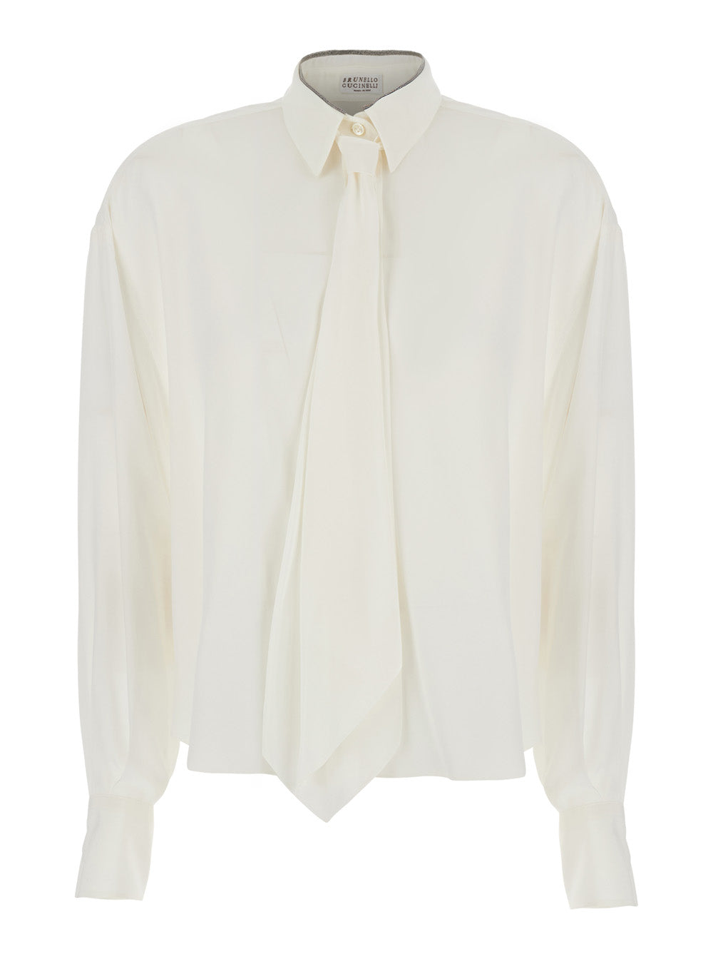 BRUNELLO CUCINELLI Brunello Cucinelli Women White Shirt With Pointed Collar With Monil And Removable Bow Tie On The Front In Silk For Women