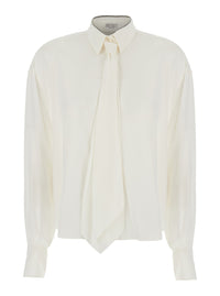 BRUNELLO CUCINELLI Brunello Cucinelli Women White Shirt With Pointed Collar With Monil And Removable Bow Tie On The Front In Silk For Women