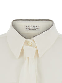 BRUNELLO CUCINELLI Brunello Cucinelli Women White Shirt With Pointed Collar With Monil And Removable Bow Tie On The Front In Silk For Women